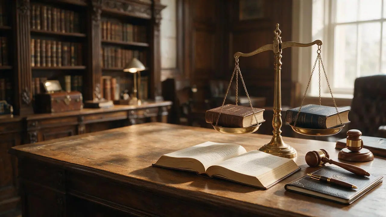 Brass scales of justice holding two law books beside an open book, gavel, and pen on a wooden desk in a law library.