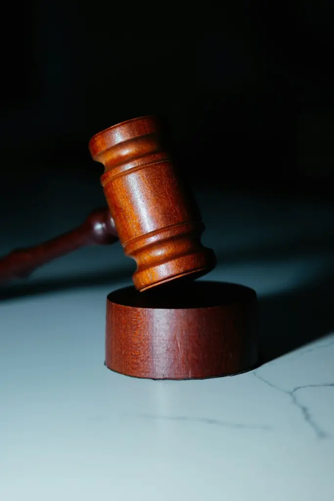 Close-up of a wooden gavel resting on its round sound block on a marble surface against a dark background.