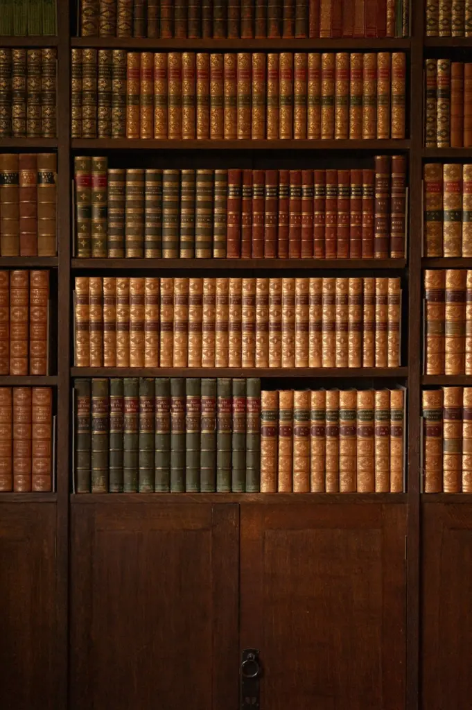 Shelves of antique leather-bound book volumes above wooden cabinet doors in a law library.