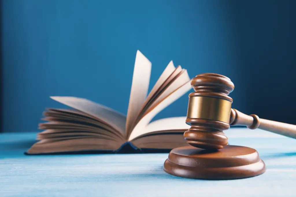 Wooden judge's gavel on a sound block beside an open law book on a blue table